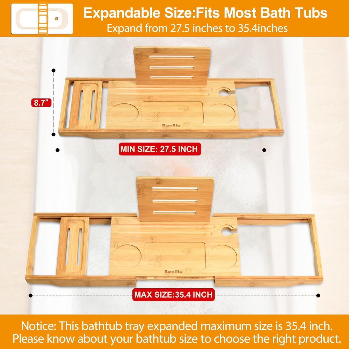 Luxury Bathtub Caddy - Expandable Bath Caddy Tray, Adjustable Size, Fits Most Tubs