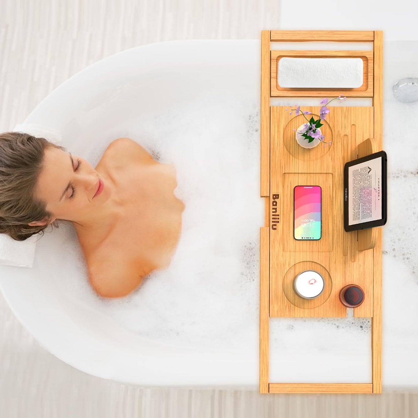 Luxury Bathtub Caddy - Expandable Bath Caddy Tray, Adjustable Size, Fits Most Tubs