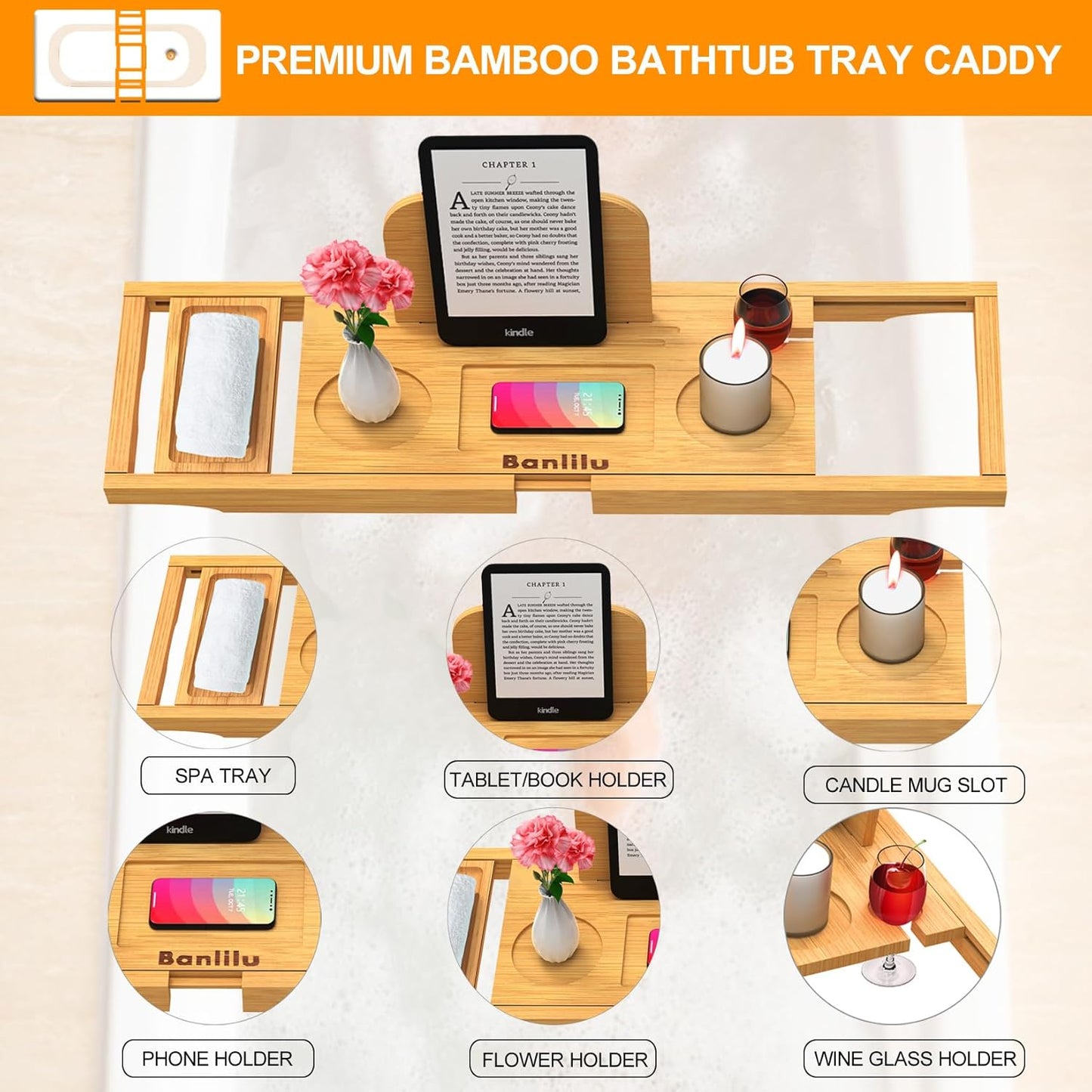 Luxury Bathtub Caddy - Expandable Bath Caddy Tray, Adjustable Size, Fits Most Tubs