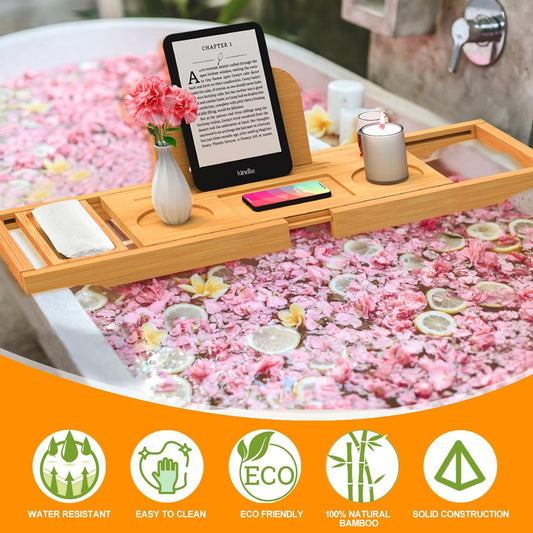 Luxury Bathtub Caddy - Expandable Bath Caddy Tray, Adjustable Size, Fits Most Tubs