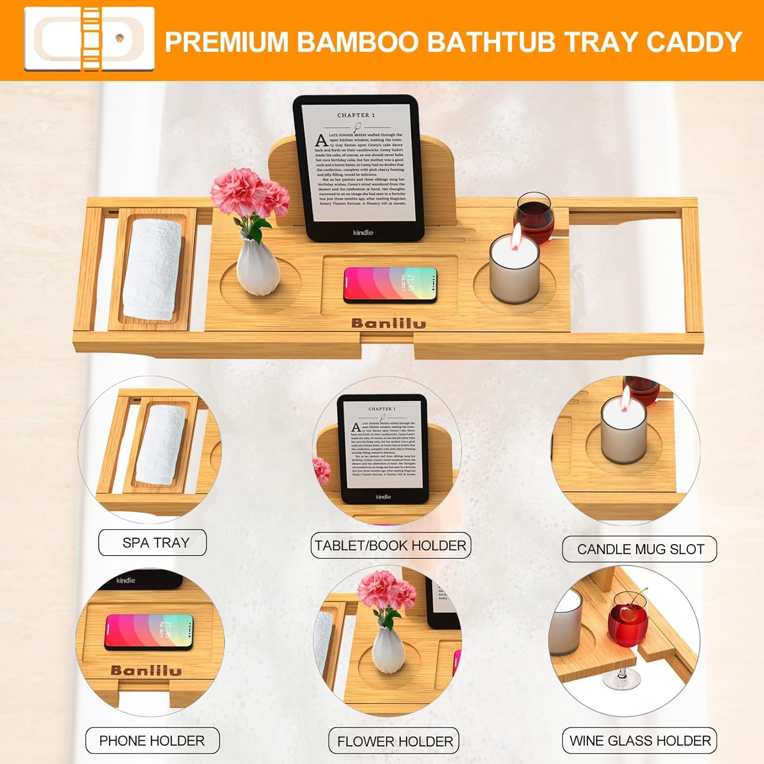 Luxury Bathtub Caddy - Expandable Bath Caddy Tray, Adjustable Size, Fits Most Tubs